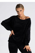 sweatshirt velours noir oversize femme Figl asymétrique encolure bateau manches longues bouffantes poignets côtelés doux extensible polyester elasthanne