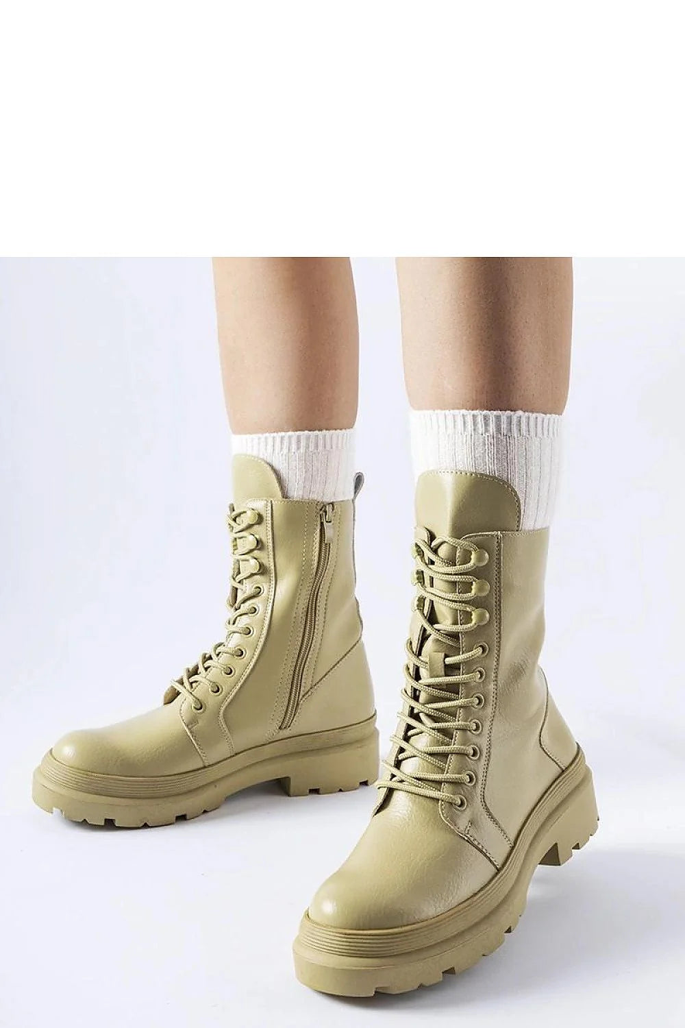 Bottes de combat femme cuir synthétique beige kaki semelle épaisse décontracté urbain style moderne