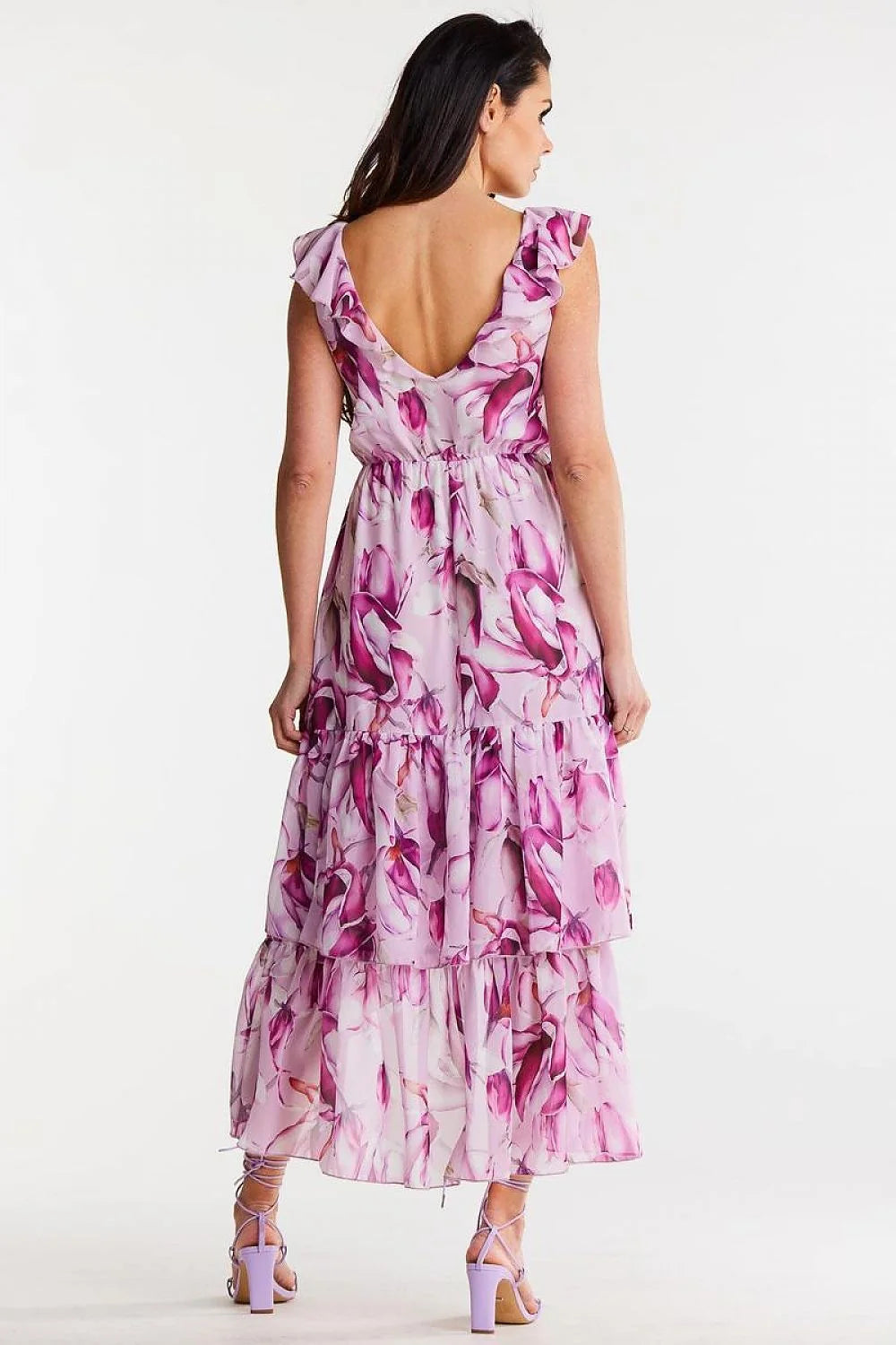 Robe de jour élégante asymétrique imprimé floral rose violet mousseline élastique taille ajustable femmes