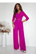 combinaison fuchsia femme élégante manches trois quarts col V taille cintrée ceinture chaîne dorée jambes larges palazzo chic