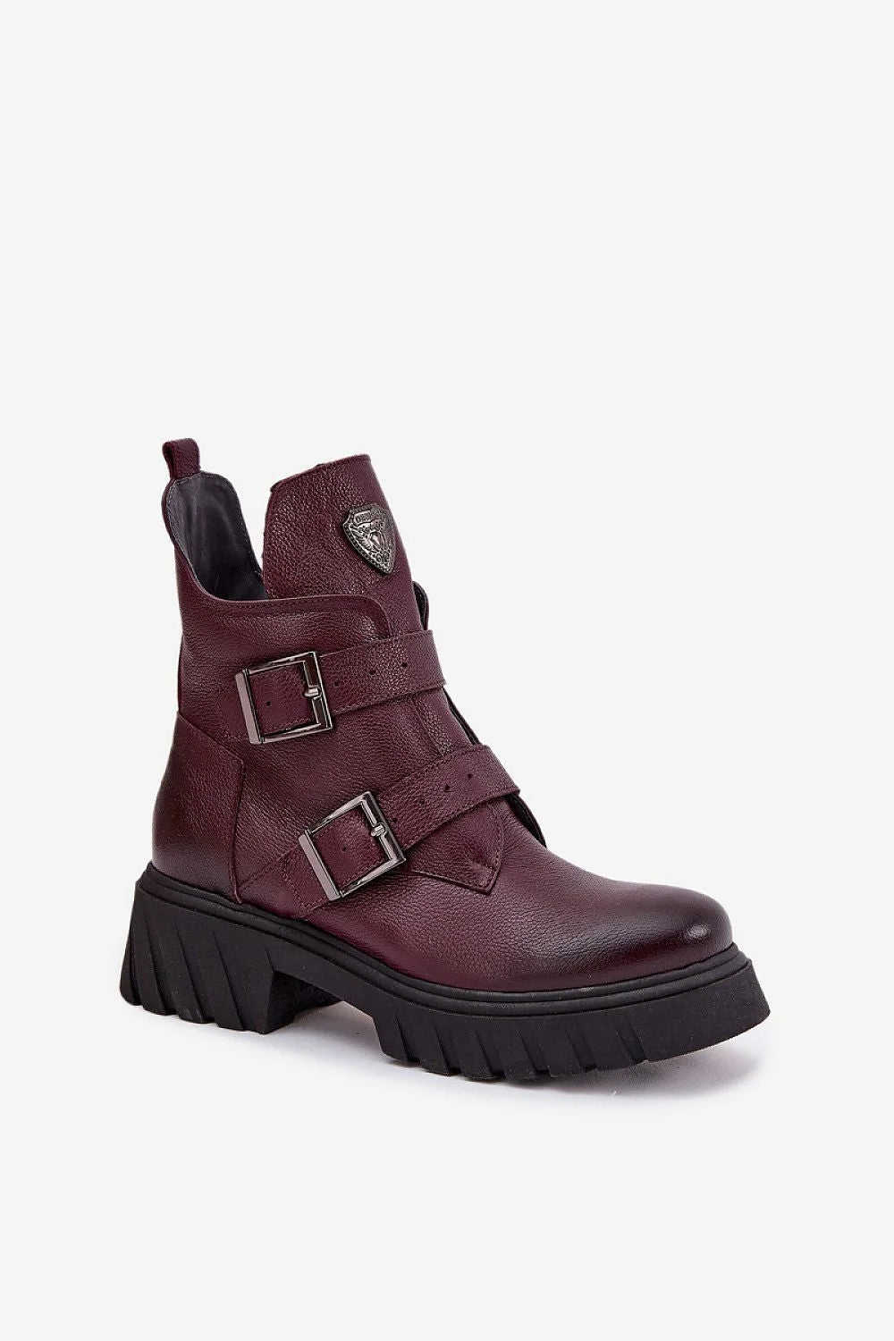 bottines femme cuir grainé bordeaux cheville semelle platform épaisse crantée noire double brides réglables boucles métal anthracite fermeture zippée latérale