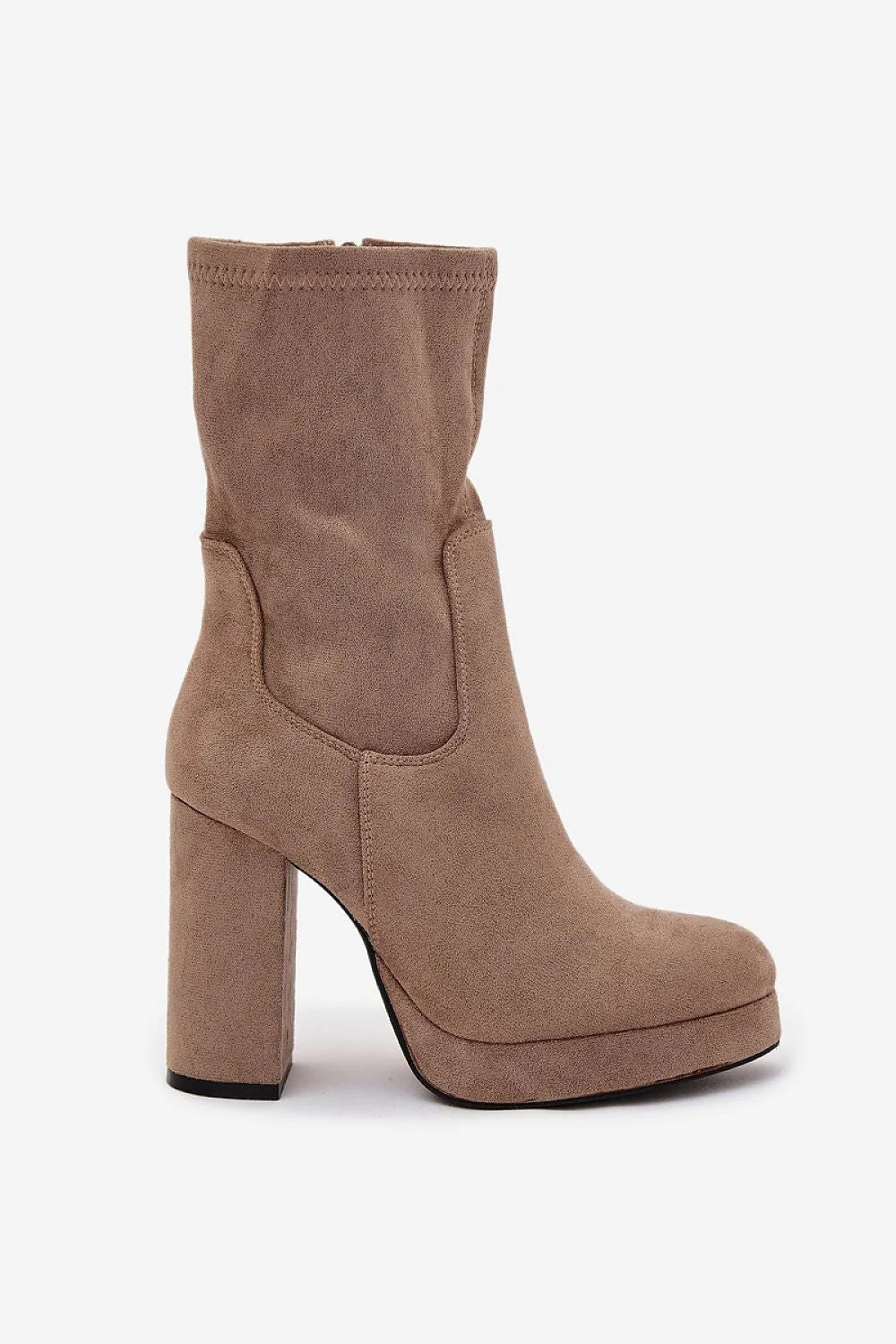 Bottines femme suédine taupe mi mollet talon carré haut 11cm plateforme intégrée bout arrondi fermeture éclair doublée fourrure chaude