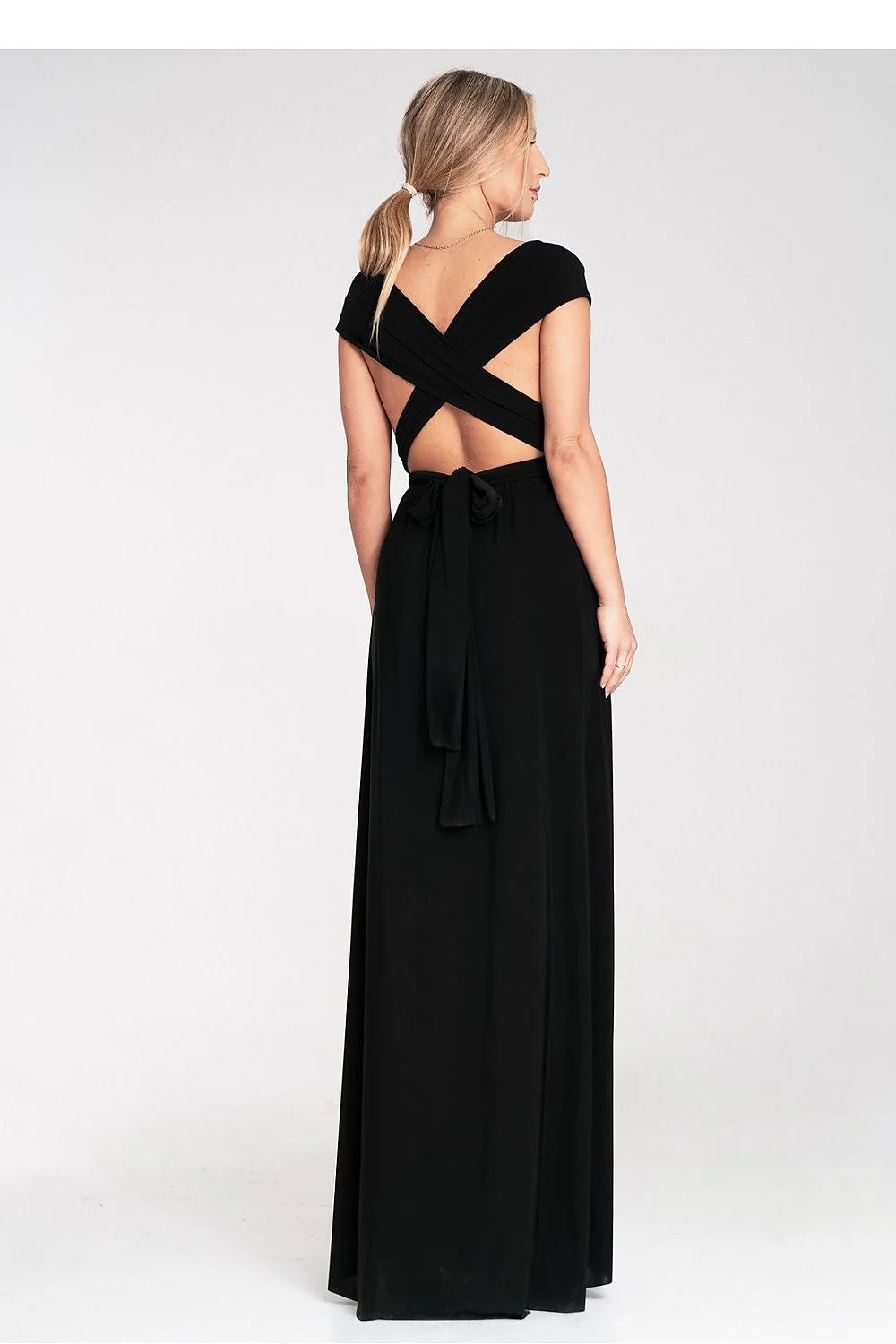 Robe longue élégante sans manches couleur noire décolleté V fente épaules nues polyester elasthanne soirée mariage