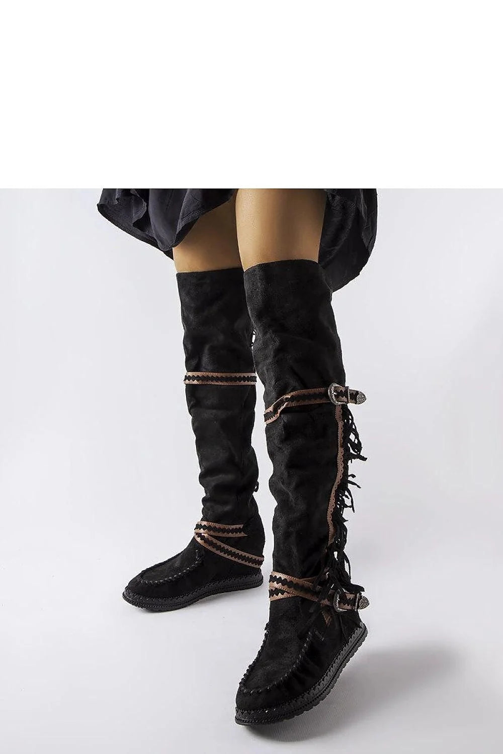 Bottes cothurnes Solea cuir suédé noir franges bandes géométriques boucle métallique talon compensé hiver femme
