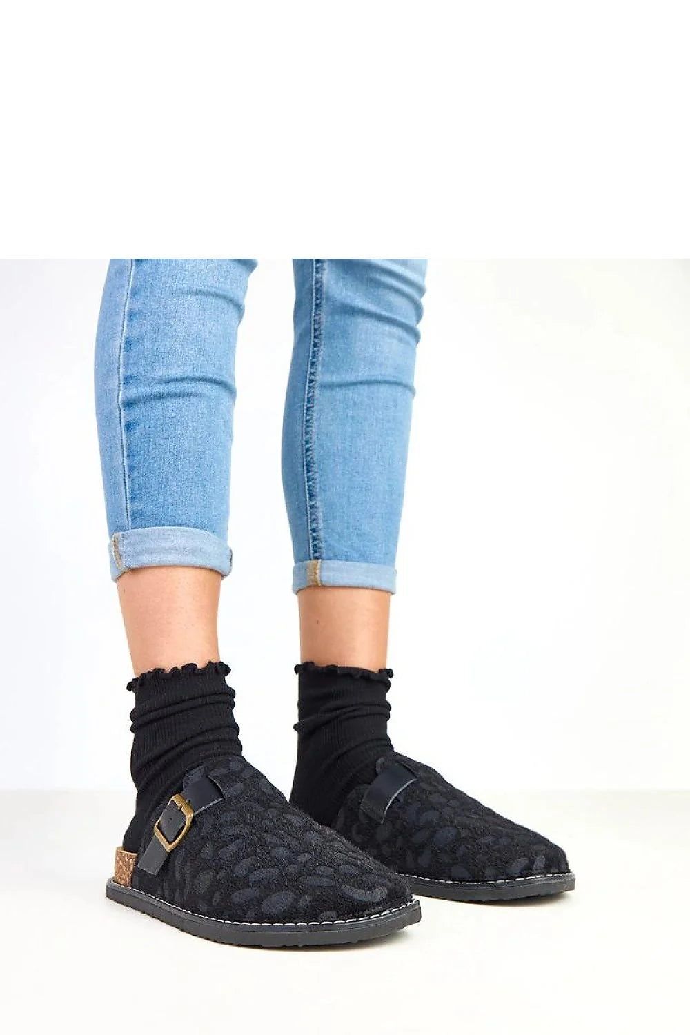 mules femme feutre noir jacquard doublure douce plateforme 35mm talon liège confortable boucle dorée réglable semelle caoutchouc antidérapante