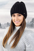 Bonnet d'hiver en laine noir torsadé pull-over gris clair tricot texturé mode femme élégant chic coupe ajustée
