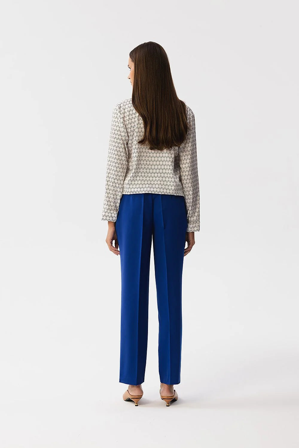 Chemisier Stylove élégant imprimé géométrique manches longues coupe ajustée haut et pantalon bleu vif pour femmes occasionnels professionnels et événements