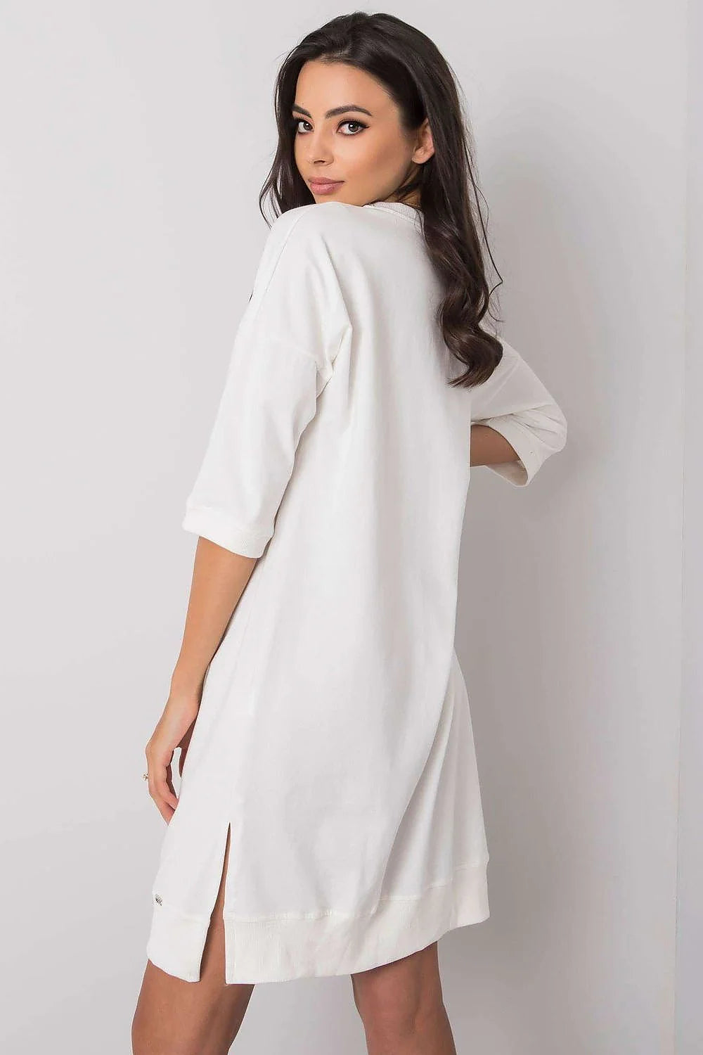 robe casual femme taupe coton elasthanne manches trois quarts fentes latérales coupe loose oversize cordon noir amovible bords côtes