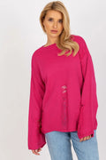 Pull décontracté pour femmes en maille rose vif effet déchiré manches longues style urbain