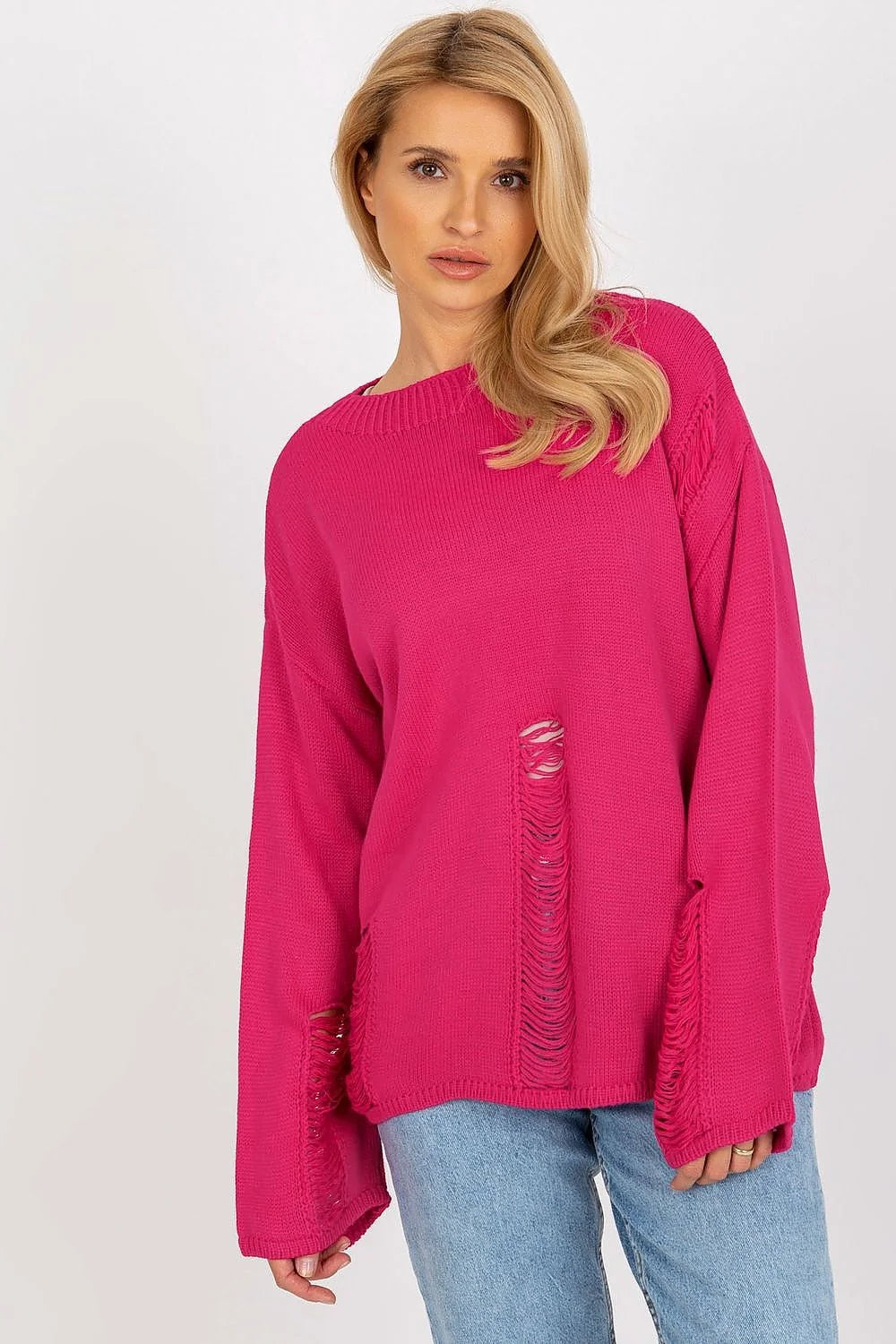 Pull décontracté pour femmes en maille rose vif effet déchiré manches longues style urbain