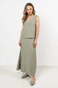 Jupe longue AWAMA sage vert haute sans manches en rayon doux coupe évasée taille élastique femme