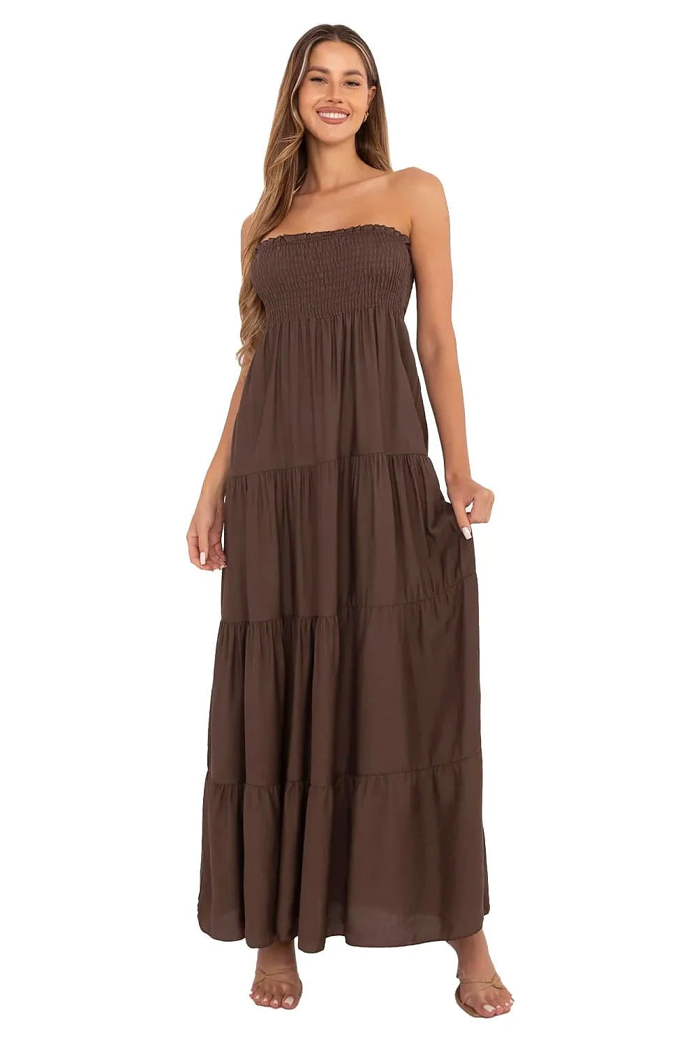 Robe de jour sans bretelles ample évasée smocks viscose lin brun chocolat été féminine élégante
