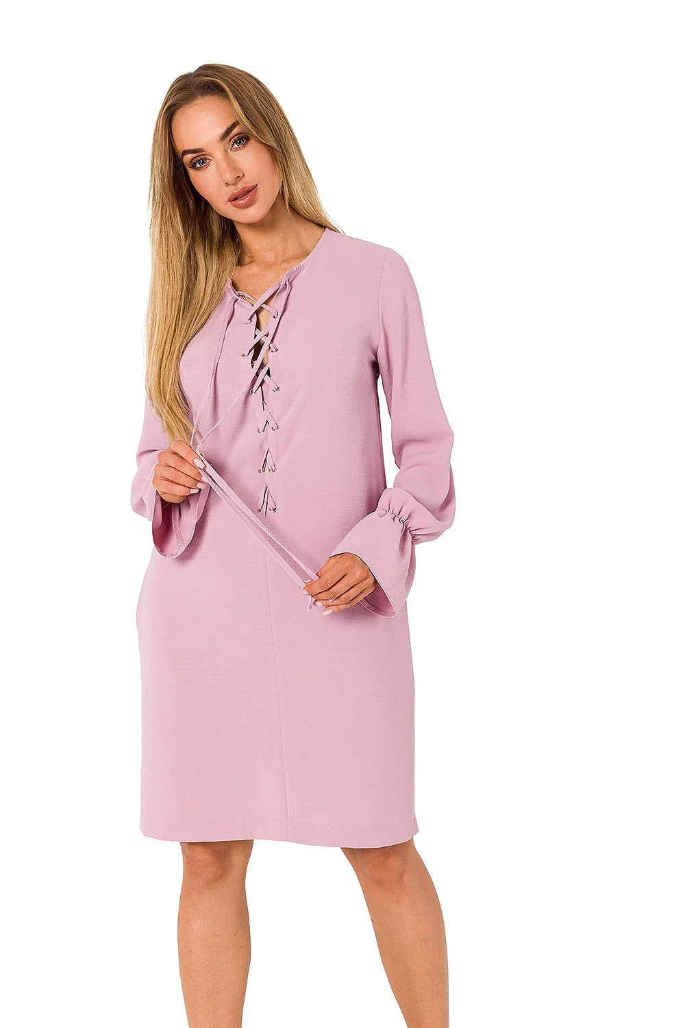 robe jour Moe femme décontracté chic manches longues évasées col lacé oeillets cordons ceinture ajustable maille souple fluide marron