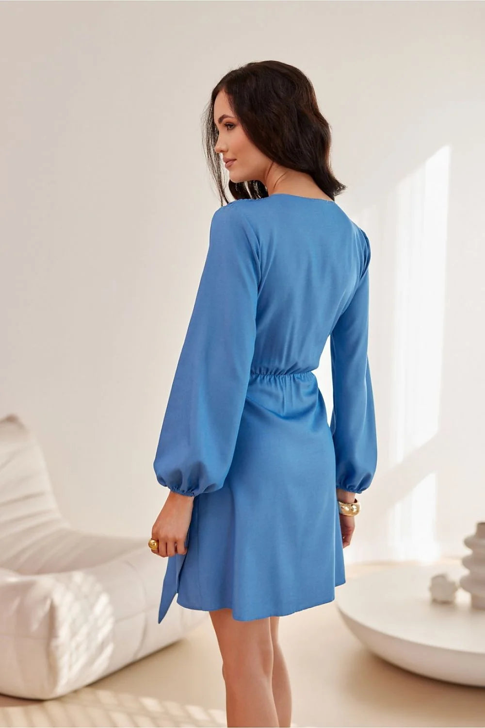 Robe de jour Roco Fashion bleu vif mini manches longues V-neck portefeuille ceinture ajustable chic semi-formel