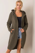 sweatshirt long oversize mi cuisses capuche ajustable fermeture zippée métal manches longues poches latérales cordons œillets molleton épais kaki olive