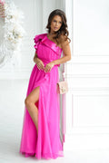 Robe longue élégante pour femme rose vif épaule nue volant fente haute ceinture subtile occasion spéciale