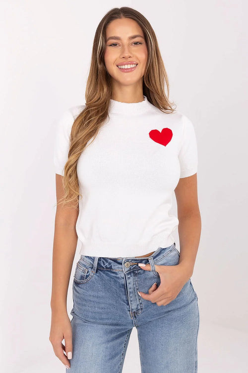 pull court femme maille manches courtes col montant côtelé coupe ajustée taille haute blanc cœur rouge contrasté extensible viscose confortable