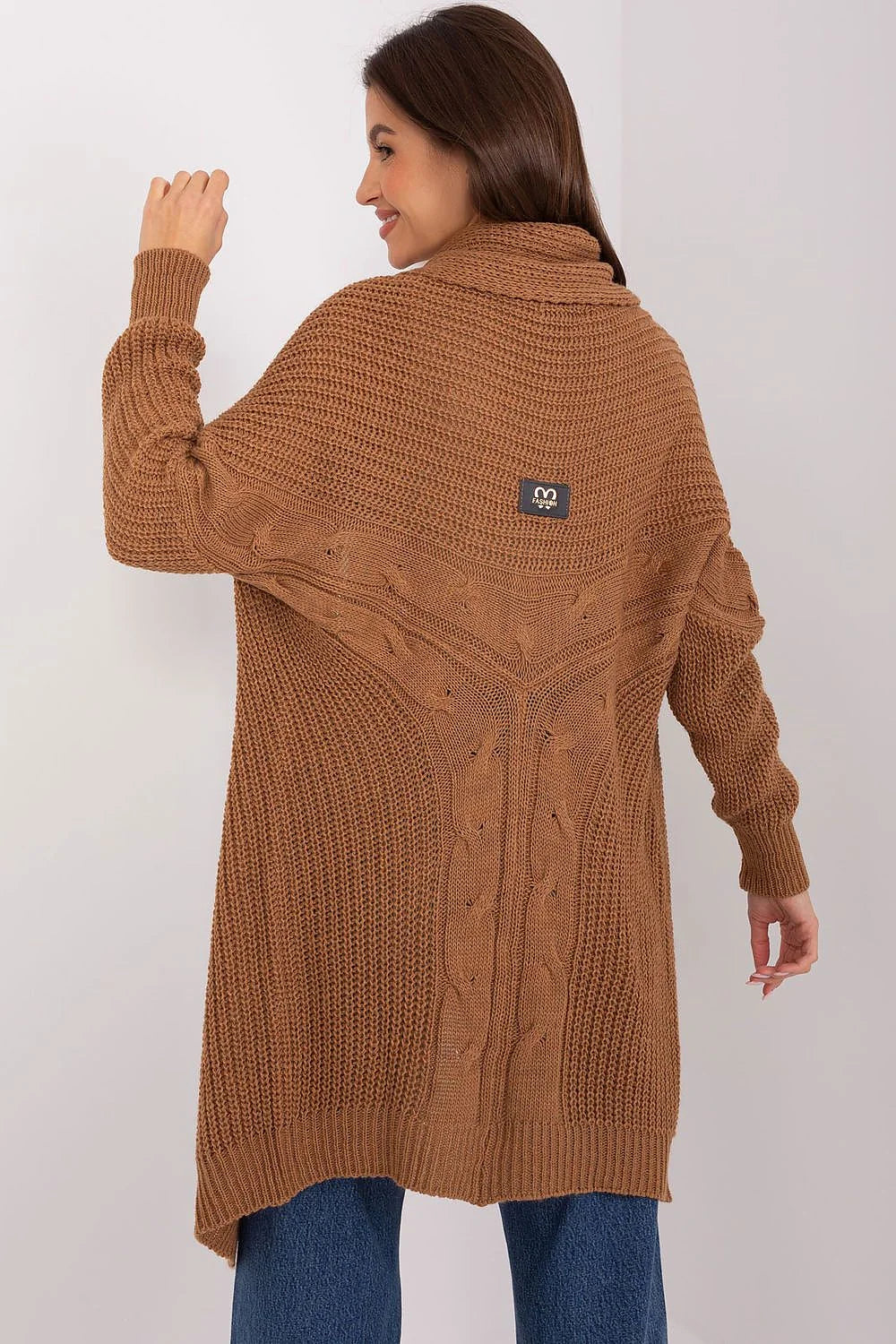 Cardigan long Och Bella pour femmes maille épaisse manches longues couleur brun camel coupe ample sans fermeture style décontracté automne/hiver tricot jersey finitions élégantes superposition facile confort maximal