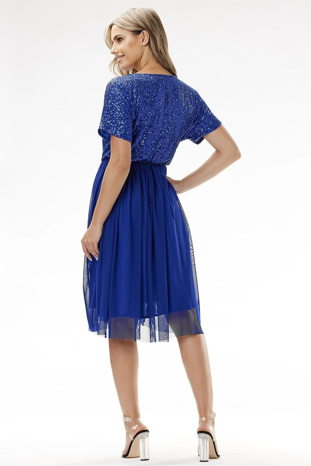 Robe de soirée élégante couleur bleue sequins tulle manches courtes encolure ronde A-line midi femme Awama Polonaise