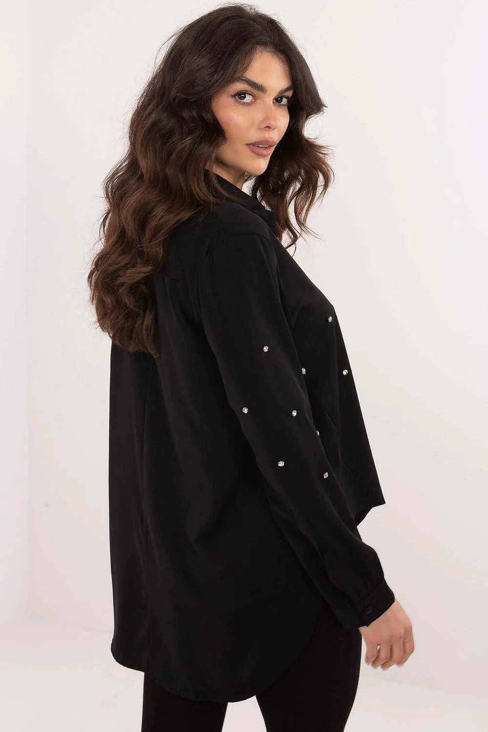 Chemise femme manches longues style classique zircons décoratifs polyester viscose noire occasion spéciale travail réunion formelle