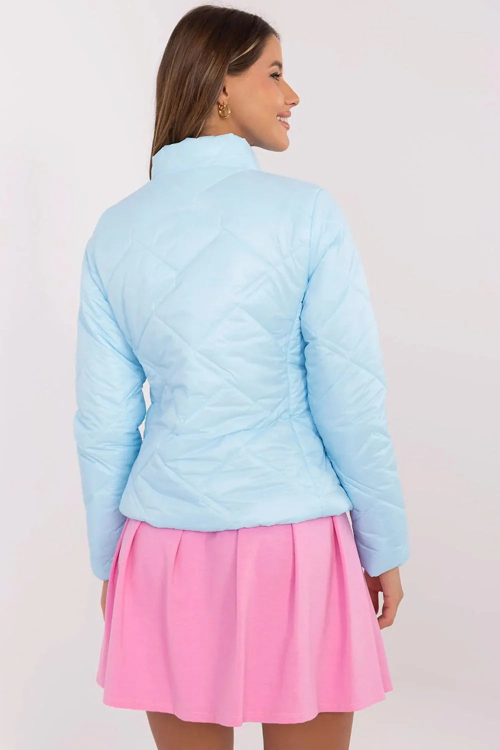 Veste Matelassée Nylon et Polyester Bleu Clair Jupe Évasée Coton et Viscose Rose Vif Femme Mode Automne-Hiver-Printemps