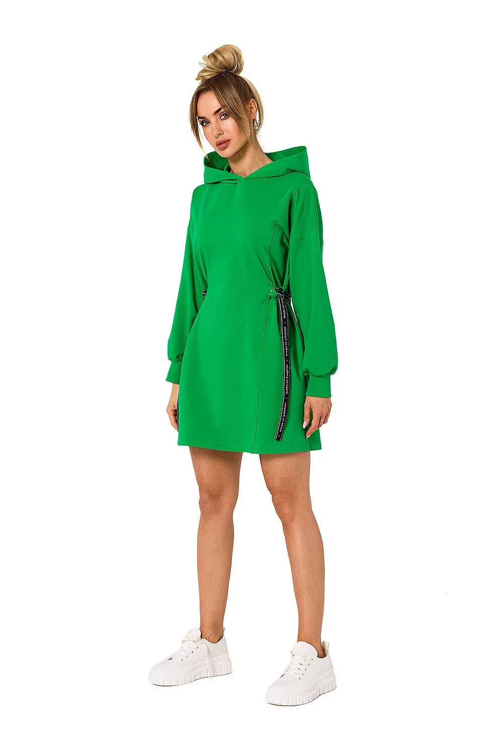 robe sweat capuche femme vert vif molleton doux coupe droite ample manches ballon poignets bords côtes cordon réglable taille