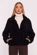 veste femme tricot doux poil court doublée col montant fermeture éclair boutons pression manches raglan larges poches latérales coupe oversize
