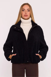veste femme tricot doux poil court doublée col montant fermeture éclair boutons pression manches raglan larges poches latérales coupe oversize