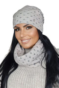 Ensemble Kamea pour femme élégant et chaud bonnet écharpe col en laine acrylique gris clair motif pois hiver