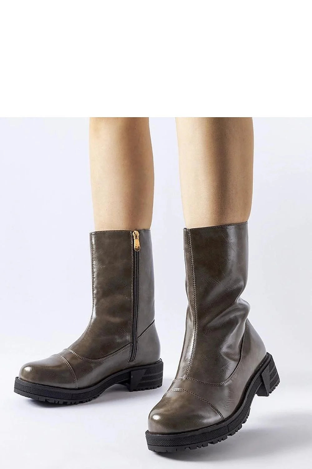 Bottes élégantes femmes couleur marron foncé cuir haute qualité mi-mollet fermeture éclair dorée semelle caoutchouc talon plat