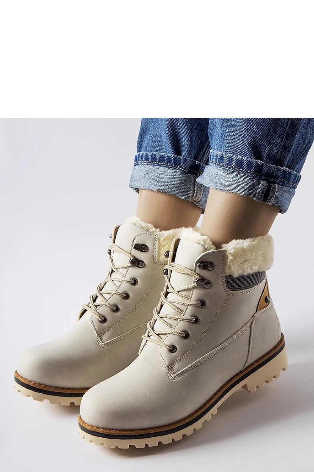 Bottes trappeur pour femmes en cuir synthétique beige clair avec doublure en fausse fourrure blanche, style hivernal élégant, confort maximal et durabilité