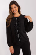 chemisier femme noir satiné fluide coupe droite ample manches longues col rond volants verticaux perles nacrées poignets élastiqués confortable élasthanne