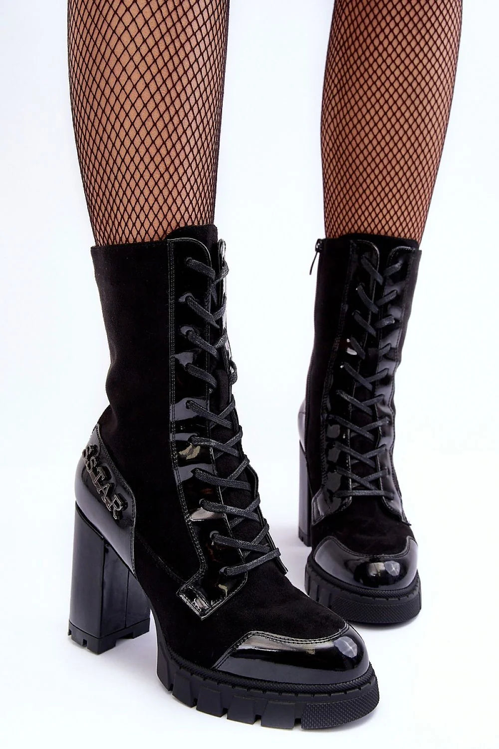 Bottes à talons pour femmes cuir et daim style combat talon carré noir tige haute écolabellisée urbain