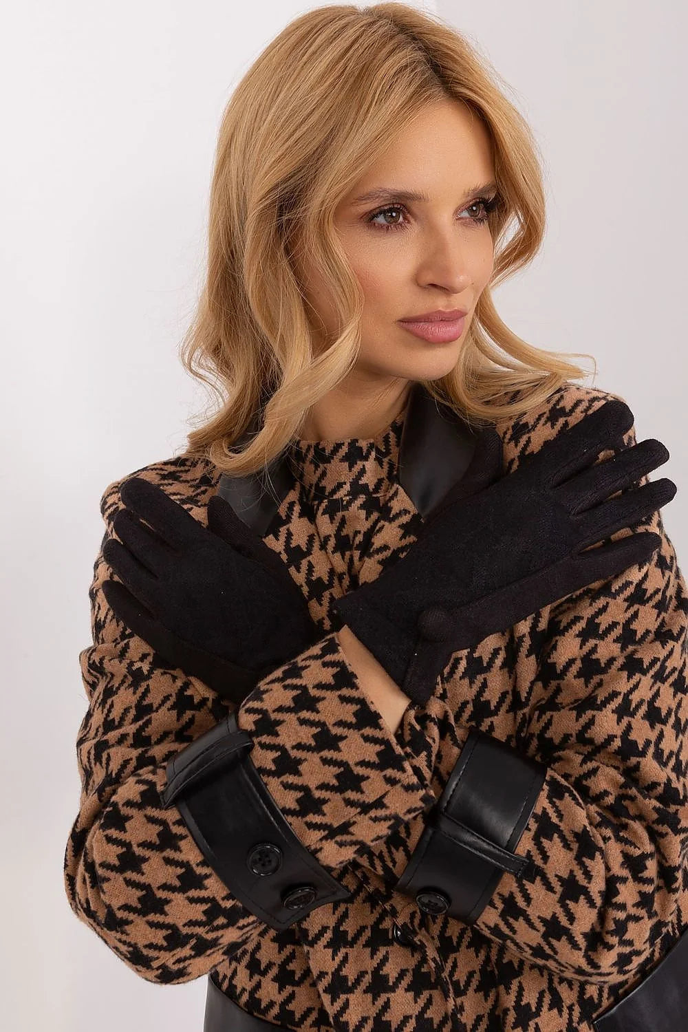 Gants féminins élégants en tissu isolé motif géométrique boutons décoratifs fleur brodée index téléphone sans enlever gants coton élasthanne polyester hiver femme