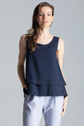 Haut élégant sans manches en polyester bleu marine coupe fluide superposition tissu femme moderne