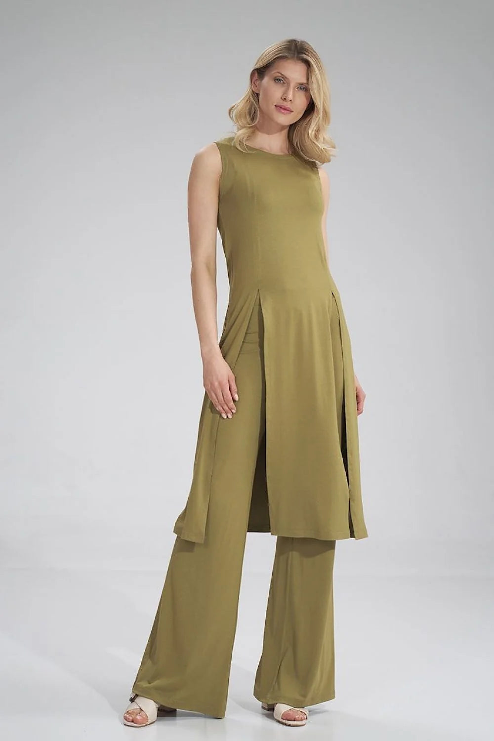 Ensemble tunique pantalon jersey fluide élégant sans manches fentes style moderne pour femmes chic casual