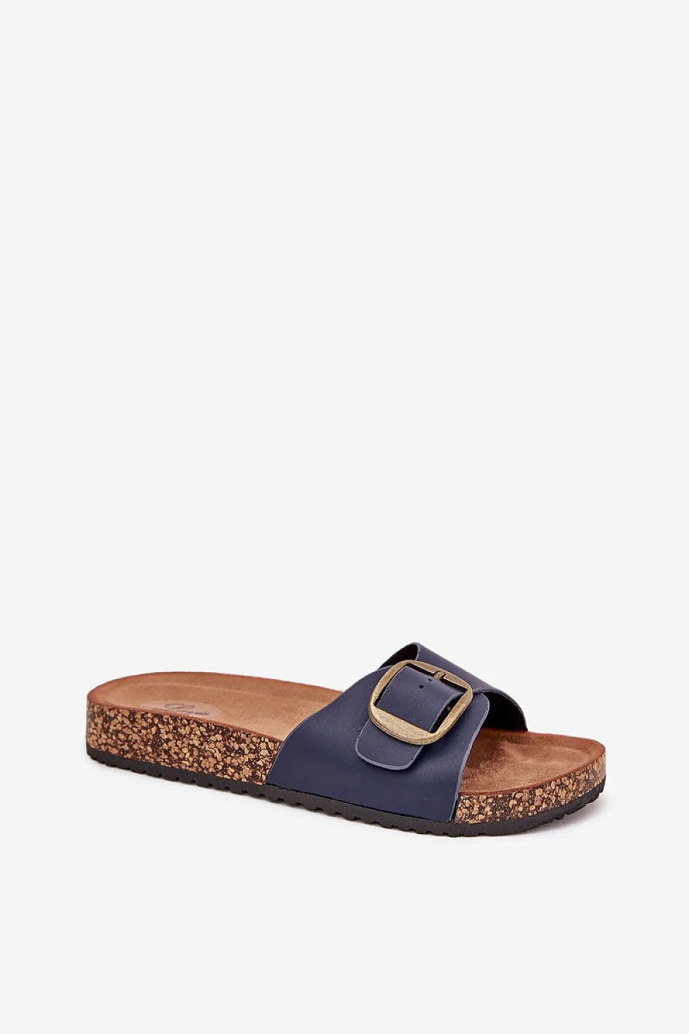 sandales femme cuir écologique plateforme liège semelle intérieure suédée anatomique antidérapante bride large réglable boucle dorée bleu marine