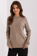 Pullover féminin Chandail AT en polyester taupe à torsades discrètes manches longues encolure ronde ajusté pour automne hiver