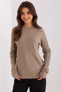 Pullover féminin Chandail AT en polyester taupe à torsades discrètes manches longues encolure ronde ajusté pour automne hiver
