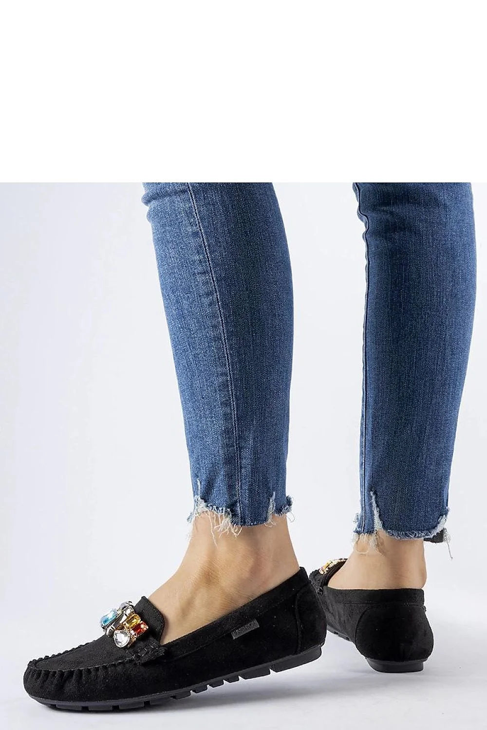 Mocassins noirs élégants pour femmes style classique moderne couleur unisexe daim doux finitions visibles pierres multicolores