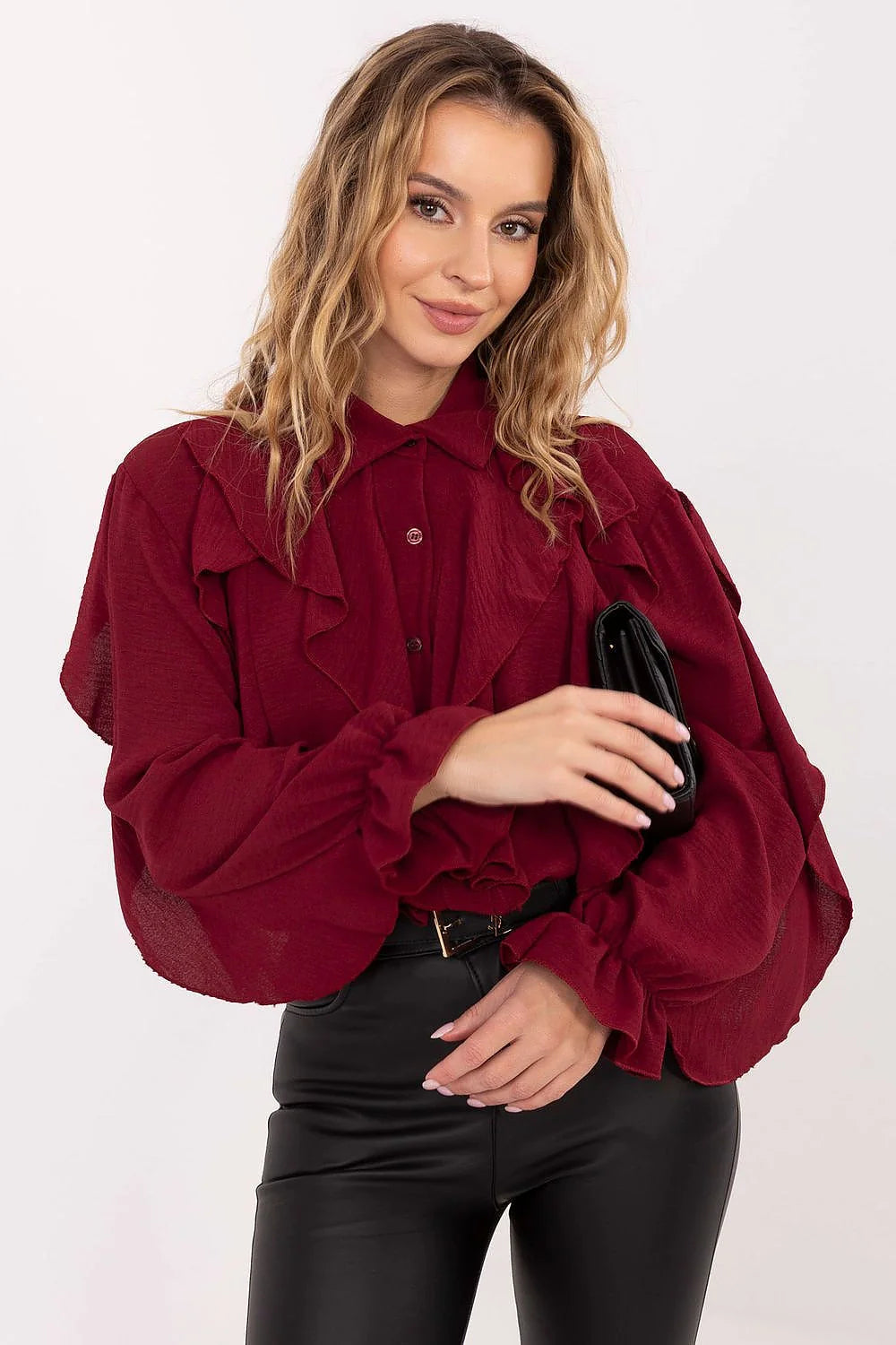 chemisier femme mousseline bordeaux viscose douce confortable fluide romantique chic classique col chemise volants manches bouffantes poignets froncés jabot décoratif