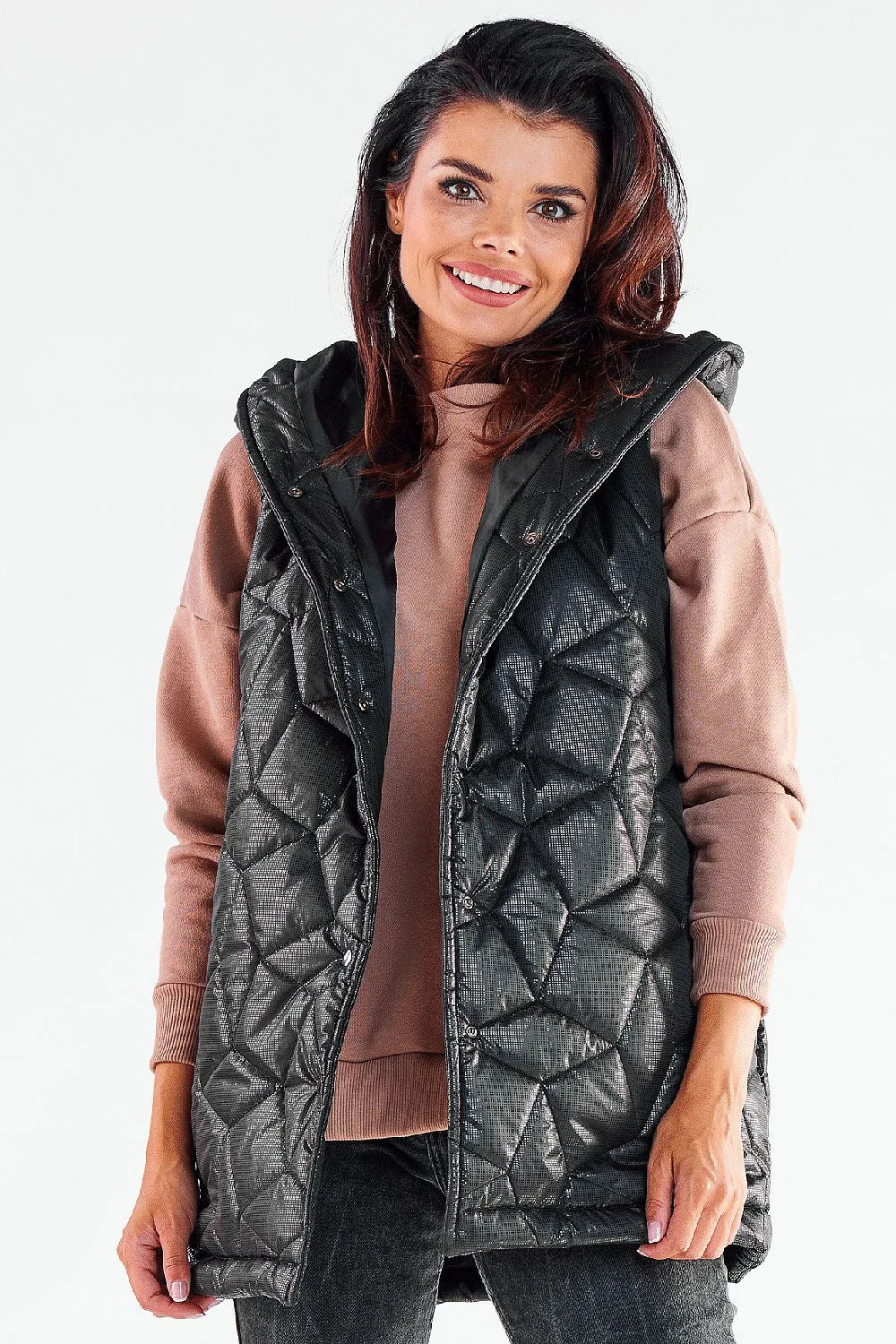 gilet matelassé femme longue capuche satiné polyester isolant léger motif losanges géométrique pressions col relevé bleu marine noir