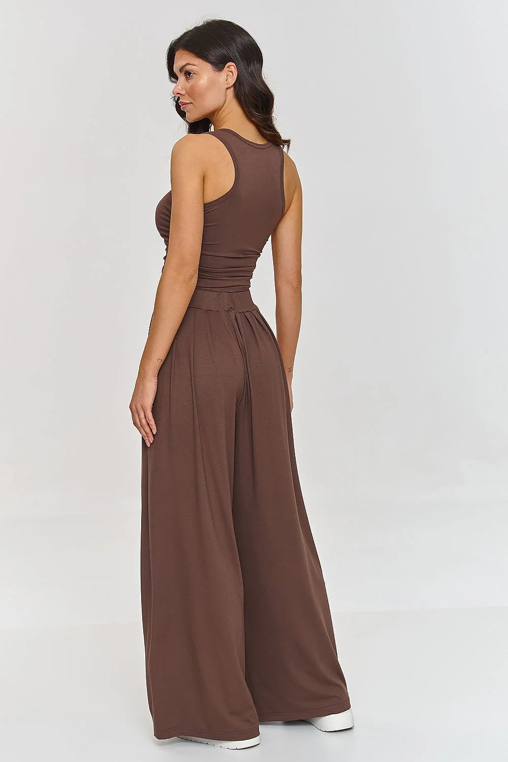 makadamia ensemble chic moderne marron chocolat femme débardeur ajusté pantalon palazzo taille haute jersey extensible coton élasthanne