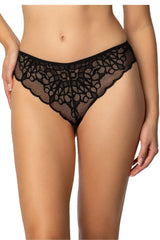 culotte brésilienne noire dentelle ajourée florale tulle semi transparent bikini taille basse échancrée bords festonnés stretch maintien léger confortable féminin