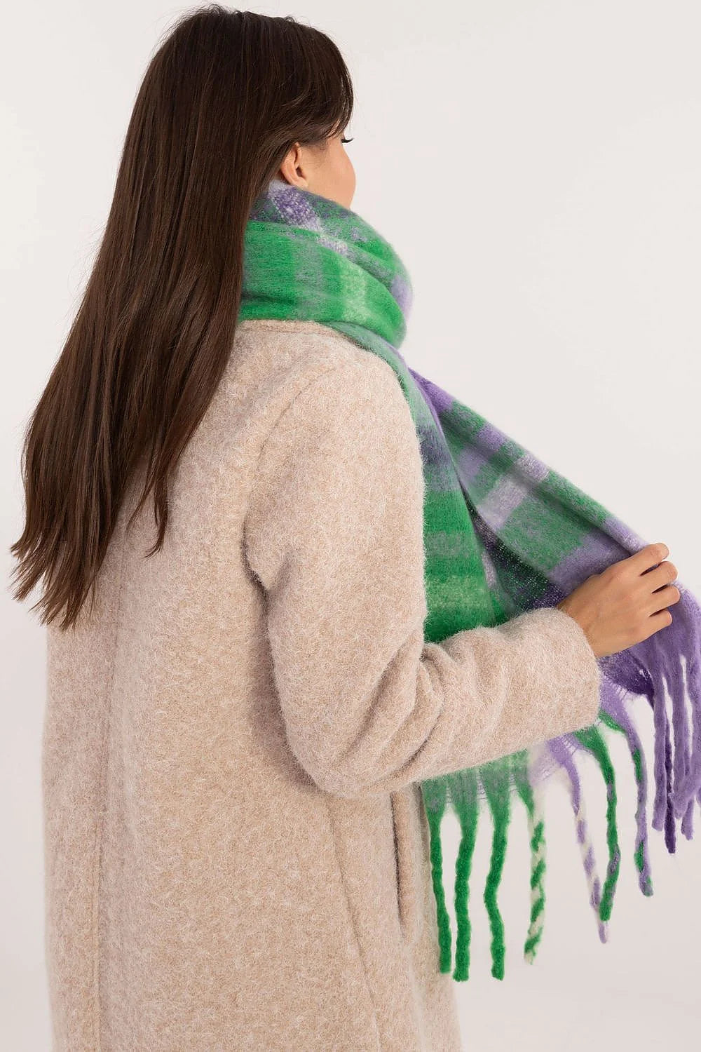 Châle pour femmes en polyester, motif à carreaux classique, longueur 186 cm, franges décoratives, style élégant et mode