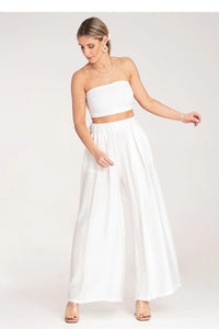 Ensemble deux pièces Femme Bustier sans bretelles Pantalon ample Taille haute Tissu léger Blanc pur Confort Élastique Épuré Mode Décontractée