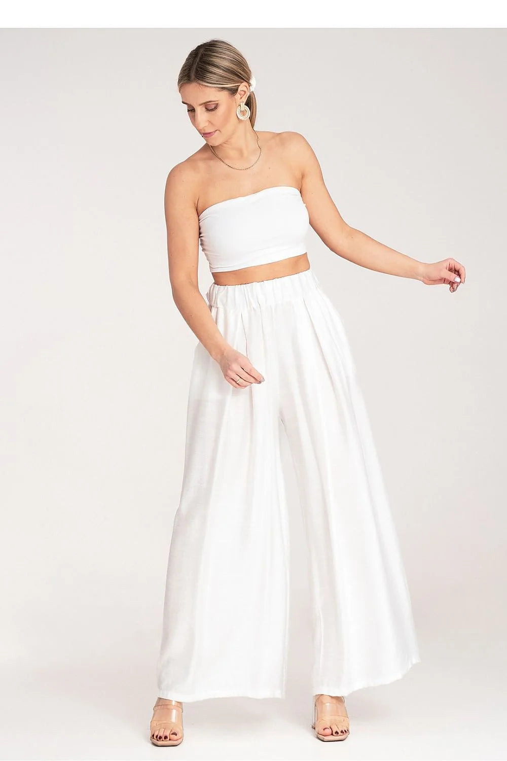 Ensemble deux pièces Femme Bustier sans bretelles Pantalon ample Taille haute Tissu léger Blanc pur Confort Élastique Épuré Mode Décontractée