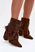 bottines femme suédé écologique marron daim western bohème franges lanières boucles dorées bout pointu talon bloc 10cm fermeture éclair plissée