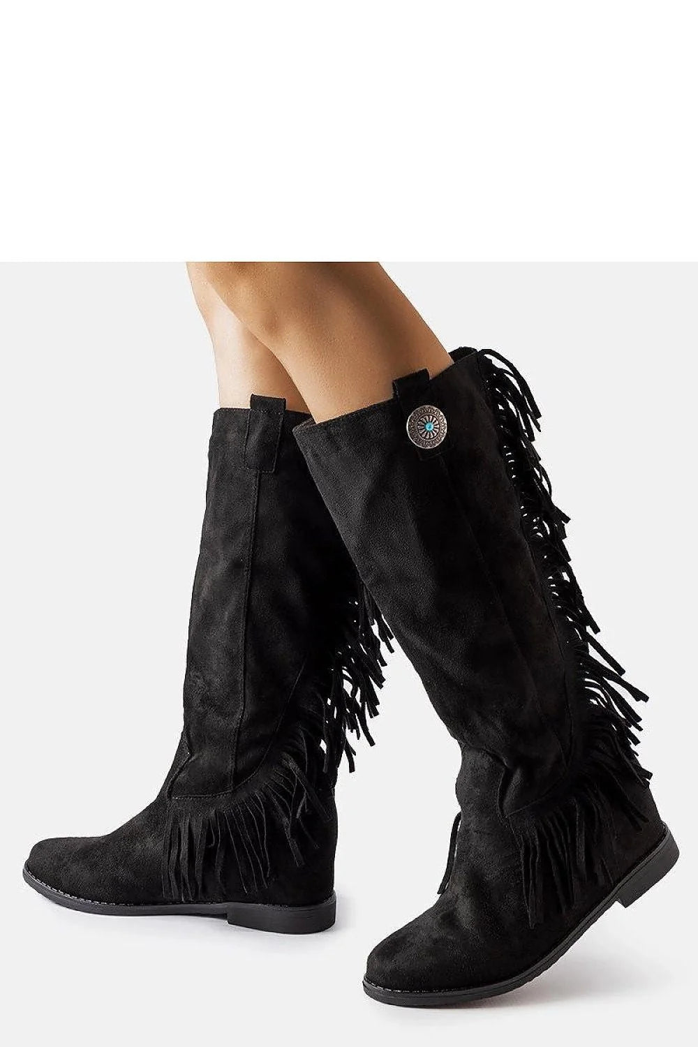 Bottes cothurnes western pour femmes en suédé noir, franges décoratives, ornements métalliques, genouillère, ajustement parfait, confortable, style moderne et traditionnel,多种 occasions