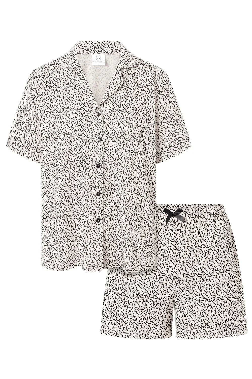 Pyjama féminine élégante 2 pièces manches courtes taille élastique motifs graphiques noirs sur fond blanc matériaux naturels hypoallergéniques doux pour la peau